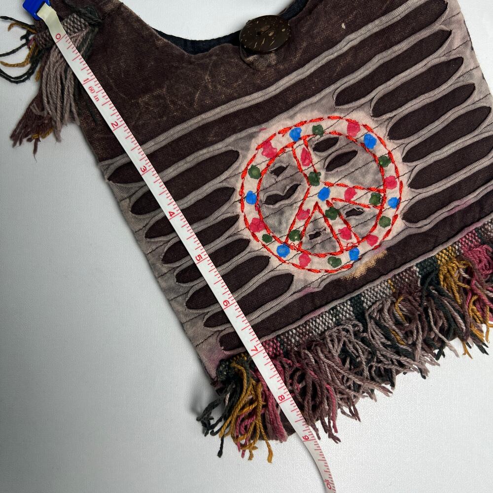 Boho Peace Sign Sling Crossbody Bag Purse Zip Top Lined Fringe Festival - Picture 11 of 11